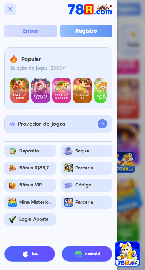 Hub do aplicativo 78r.com com jogos e apostas