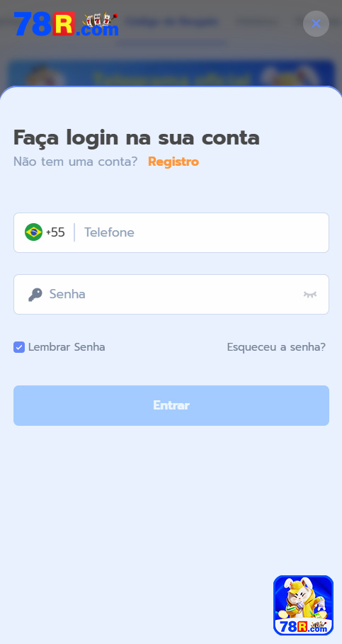 Tela de login do app 78r.com Android
